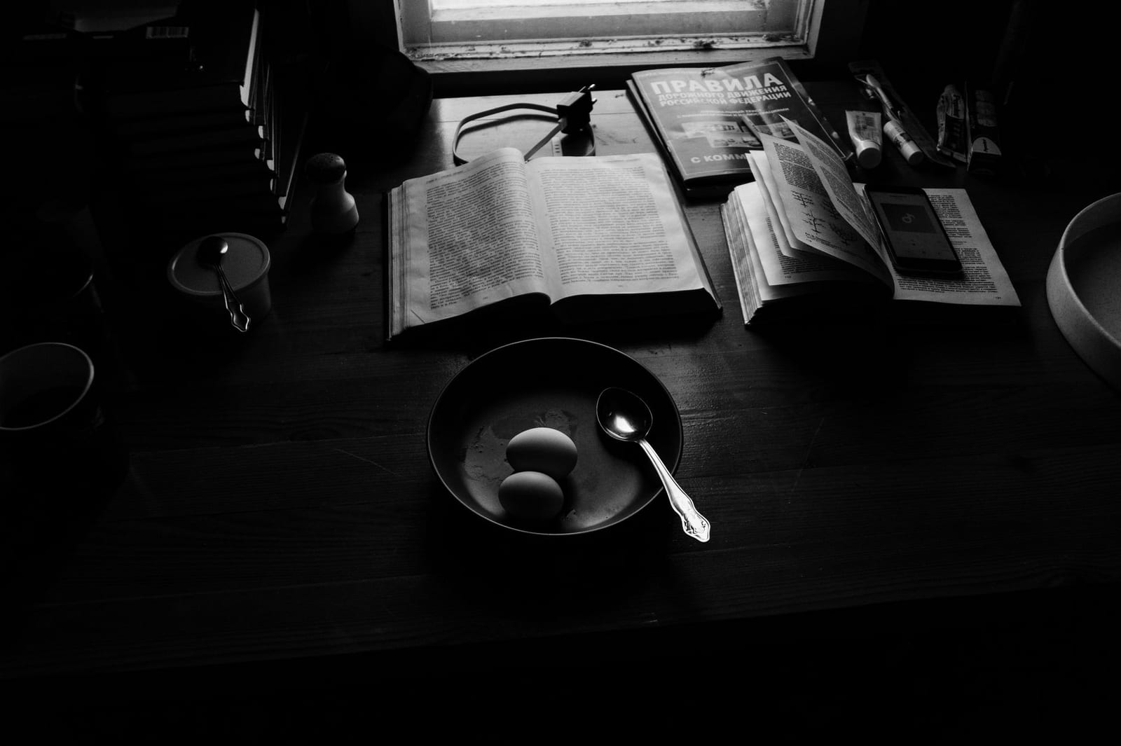 Black and white of plate with eggs and spoon near opened books and textbook and phone charger placed on wooden desk under light from window. Photograph by Plato Terentev, via Pexels.